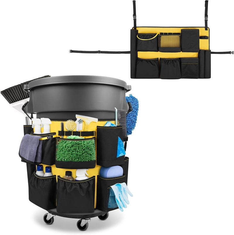 HODRANT 32-55 Gallon Trash Can Caddy Bag, Garbage Bin Apron Caddy with Multiple Pockets for Cleaning Supplies, Cleaning Tool Organizer with Adjustable Buckle for Janitorial Trash Can, Black+Yellow - Image 1